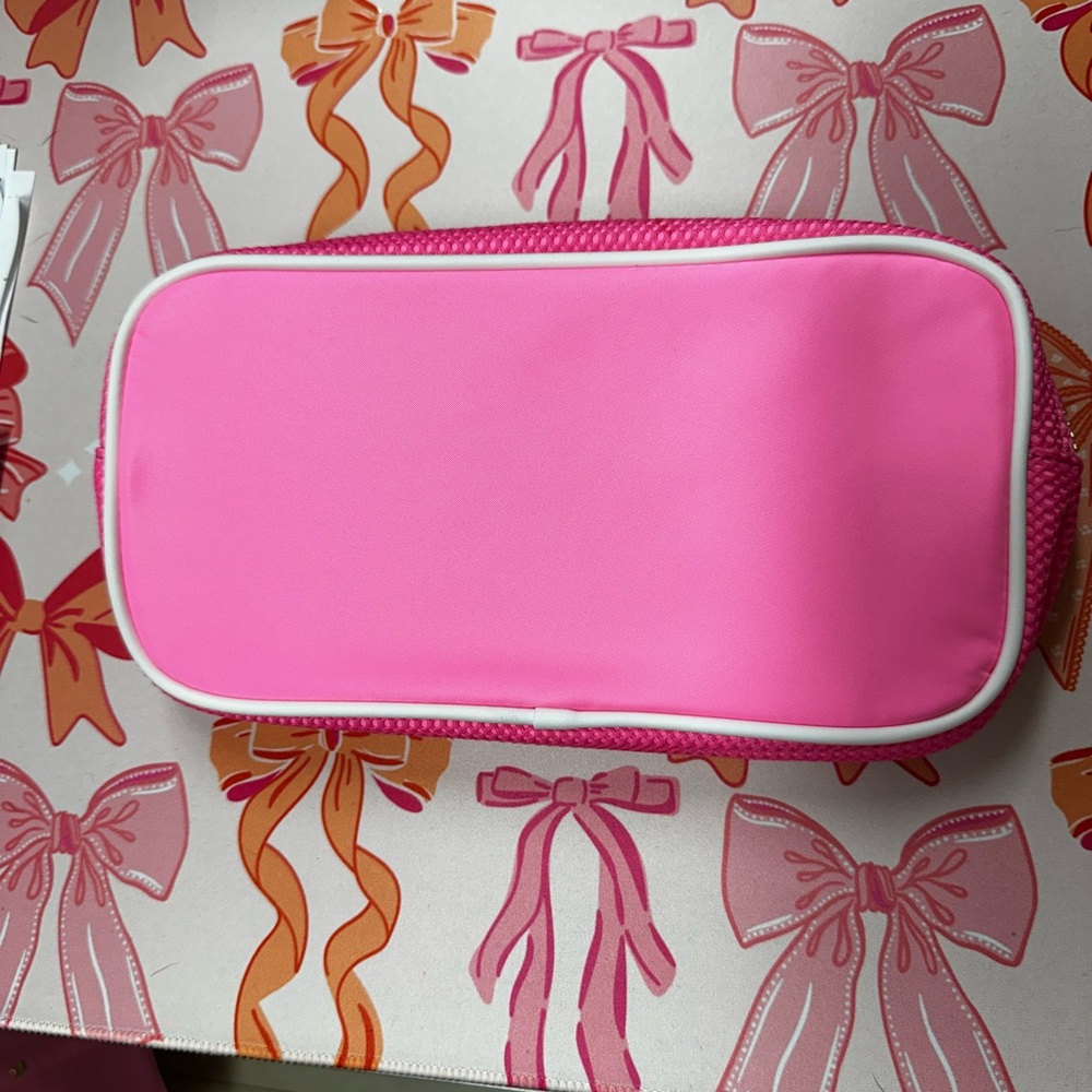 SCL Bubblegum Pink Mesh & Nylon Small Pouch with White Piping